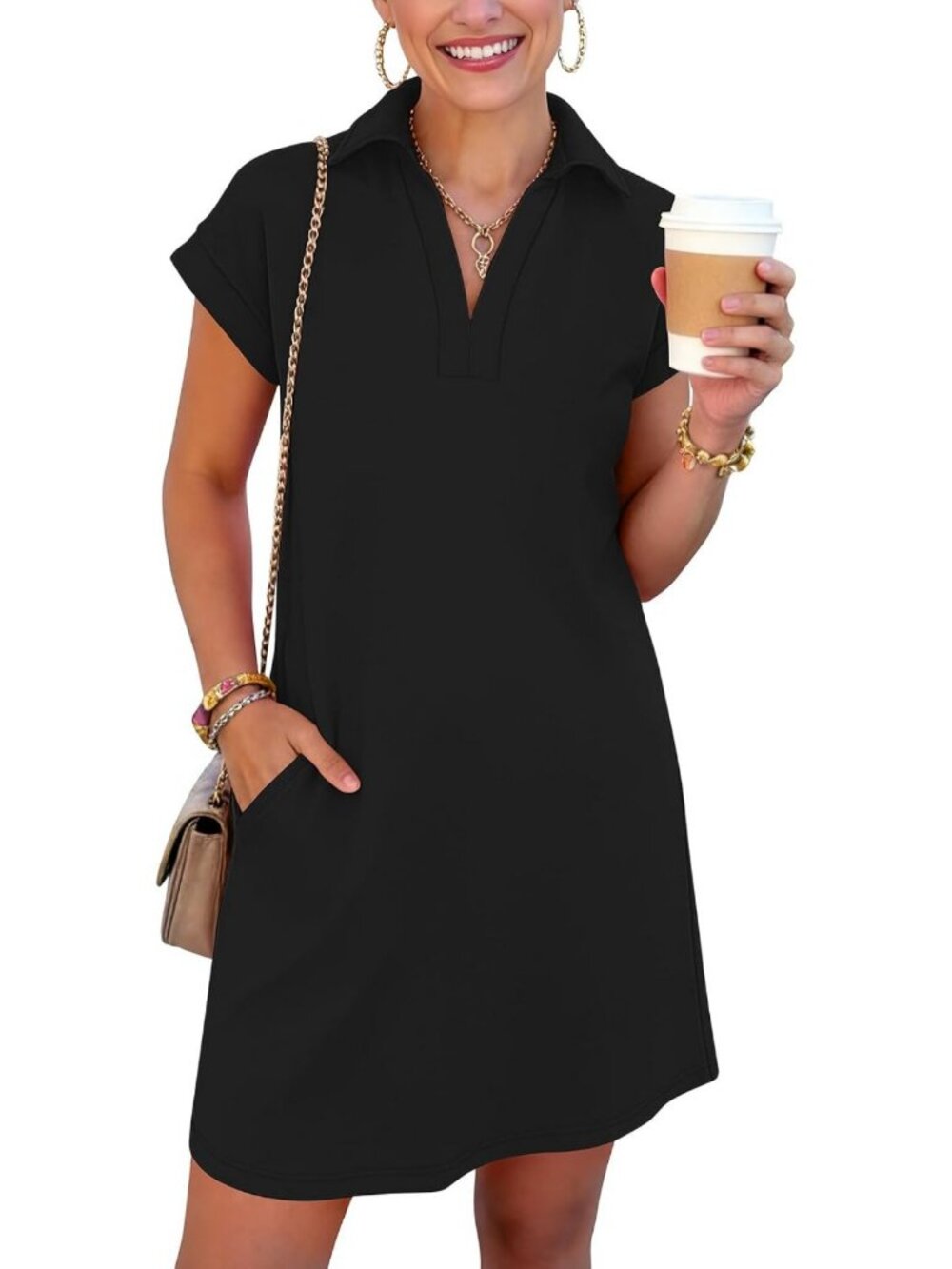Summer V-Neck Collared T-Shirt Dress for Women - Casual Short Dress, Perfect for